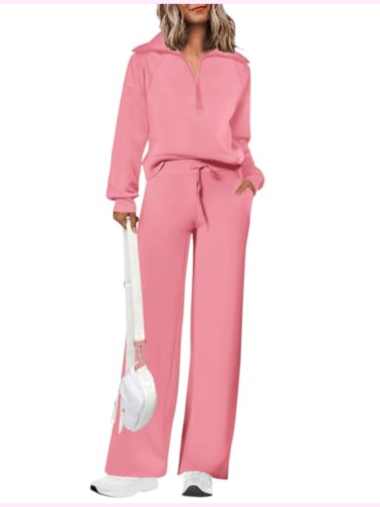 2 Piece Casual Lapel Half Zip Sweatshirt And Wide Leg Pants Tracksuit Set